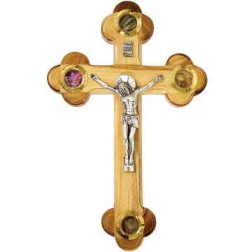 Olive Wood Eastern Crucifix With Leaves, Incense, Flowers, & Soil - 16cm
