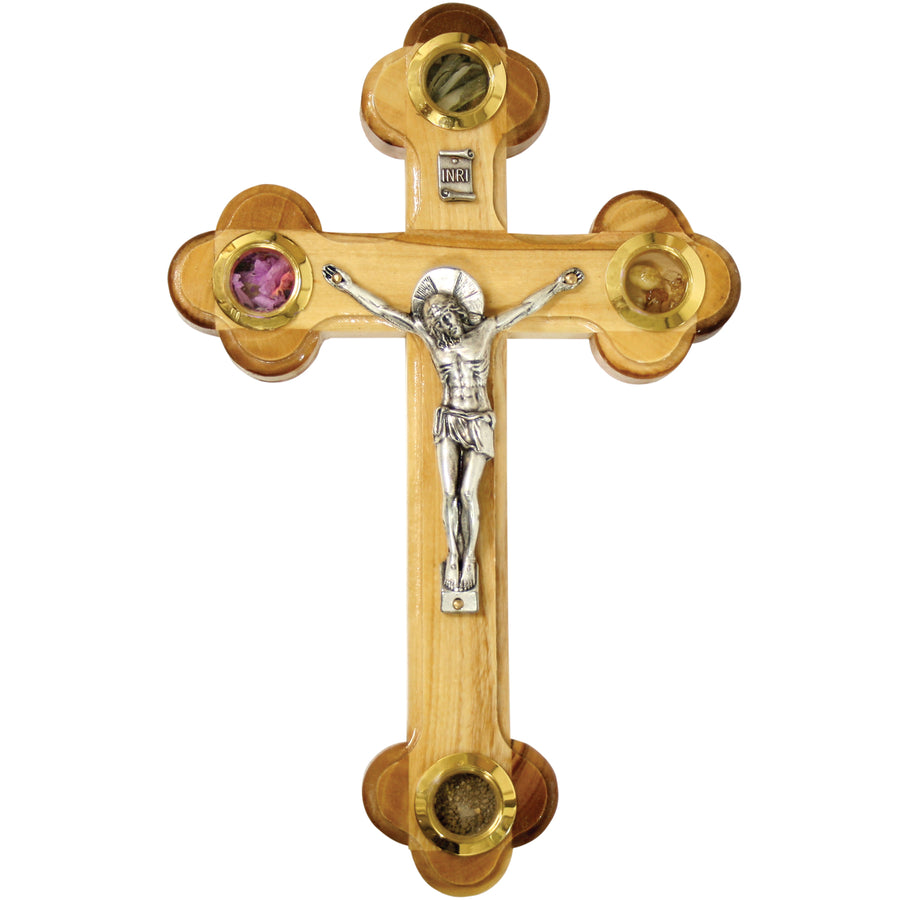 Olive Wood Eastern Crucifix With Leaves, Incense, Flowers, & Soil - 16cm