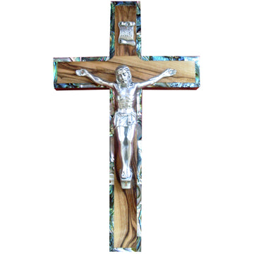 Olive Wood Crucifix With Mother Of Pearl Edging - 25cm
