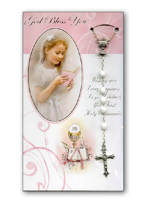 'God Bless You' Communion Card With Plastic Rosary - Girl / Boy