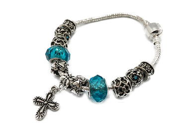 Silver Beaded Rosary Bracelet With Cross - Aqua