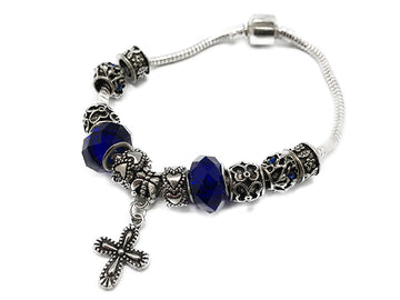 Silver Beaded Rosary Bracelet With Cross - Blue