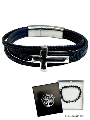 Leather Cross Bracelet - Stainless Steel
