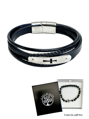 Leather Cross Bracelet - Brushed Stainless Steel
