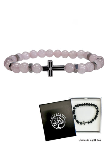 Rose Quartz Bracelet With Stainless Steel Cross