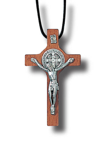 St. Benedict Wooden Crucifix with Cord - Dark Brown
