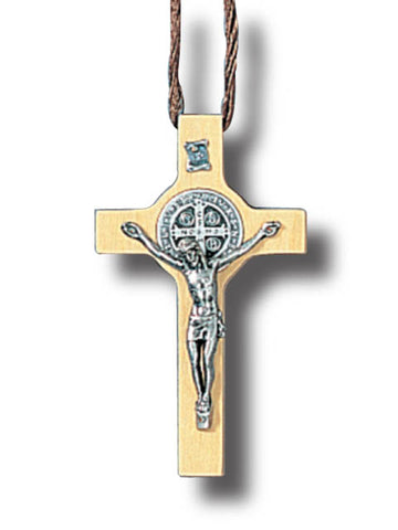 St. Benedict Wooden Crucifix with Cord - Light Brown