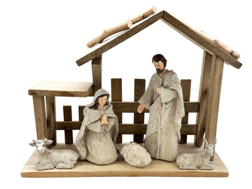 All In One Nativity Set With Stable - Wood & Resin - 5 Pieces