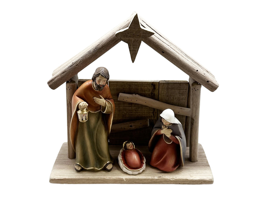 All In One Nativity Set With Stable - Wood & Resin - 3 Pieces