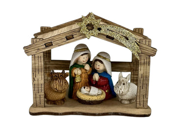 All In One Nativity Set With Wood Hut - Wood & Resin - 3 Pieces