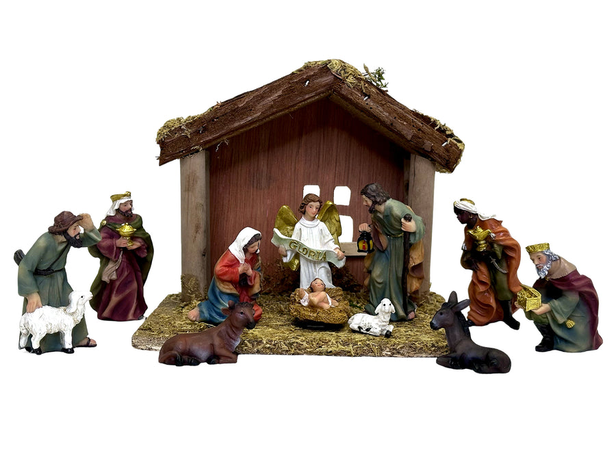 Nativity Set Resin With Wooden Stable - 11 Pieces 75mm
