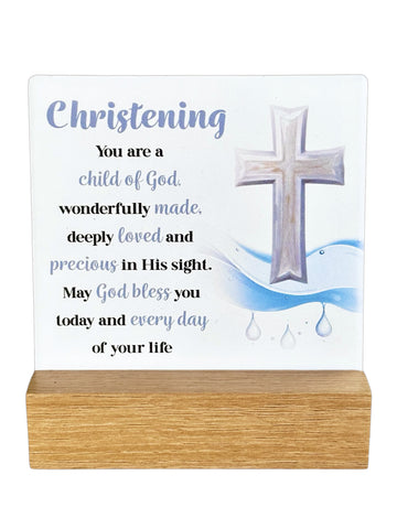 Christening Ceramic Plaque With Wooden Base