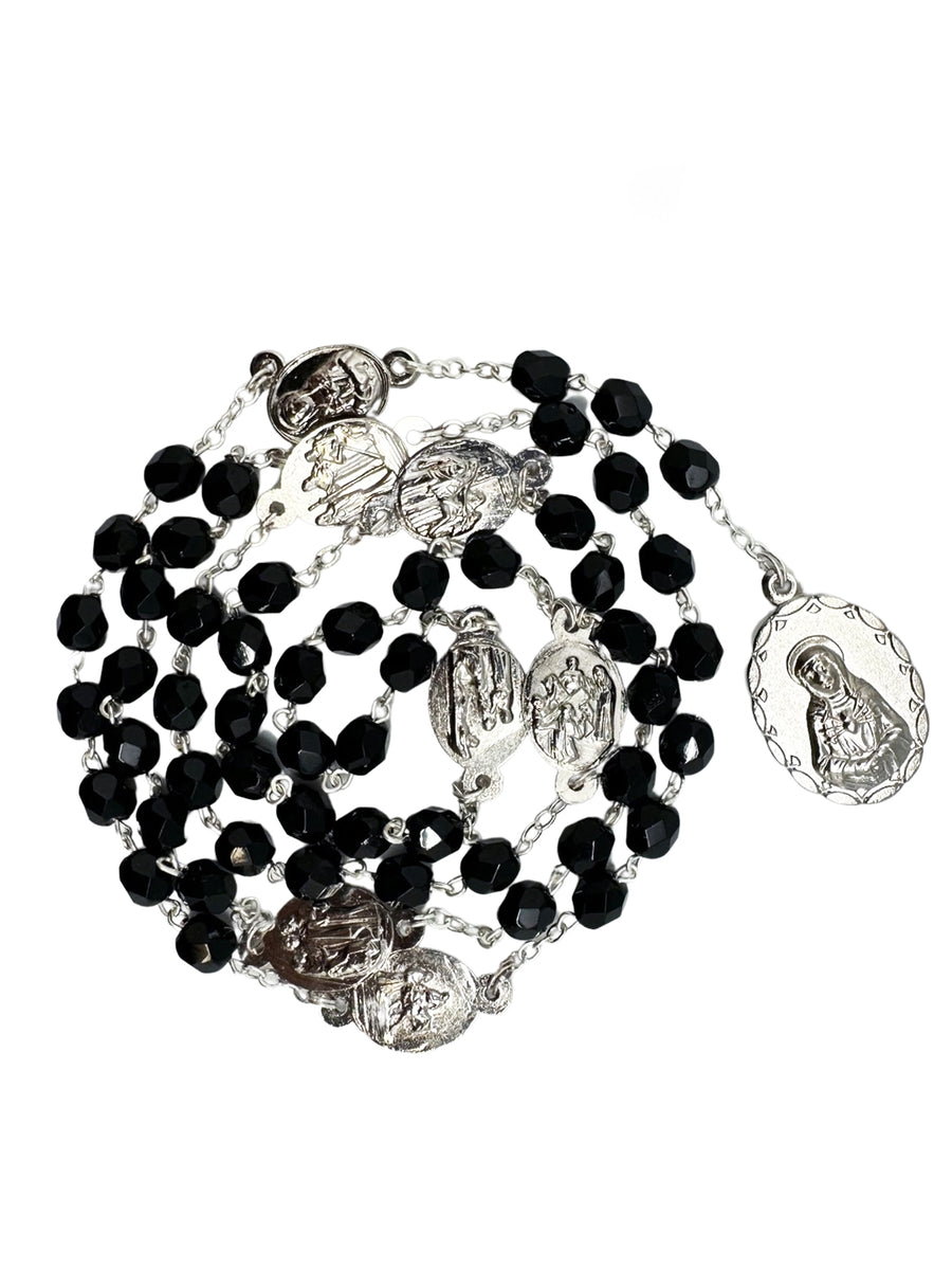 Seven Dolor Glass Rosary - Black / Crystal / Red / Yellow