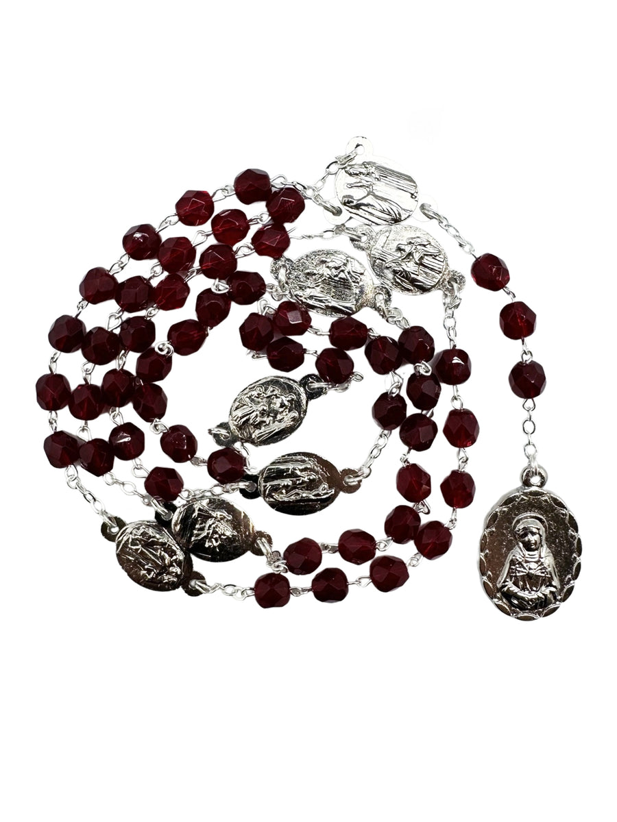 Seven Dolor Glass Rosary - Black / Crystal / Red / Yellow