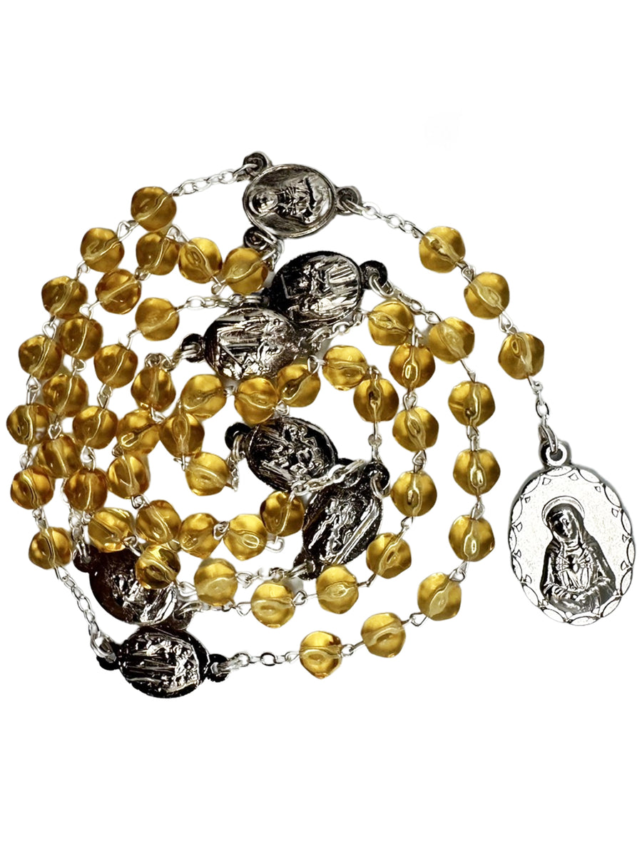 Seven Dolor Glass Rosary - Black / Crystal / Red / Yellow