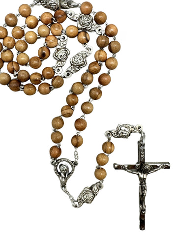 Olive Wood Rosary With Rose Bead Mystery