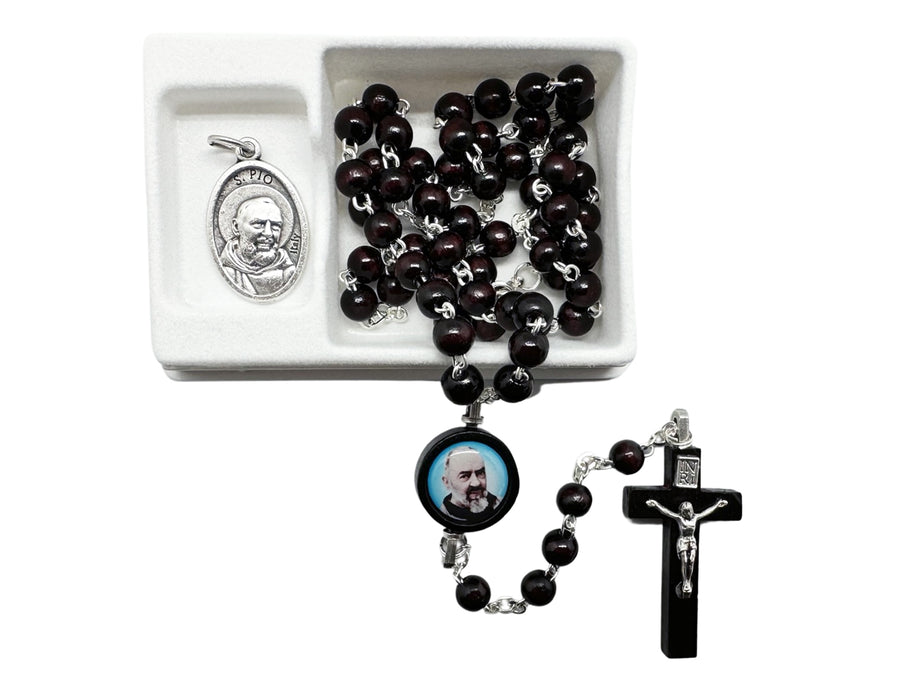 St. Padre Pio Wooden Rosary & Medal Set