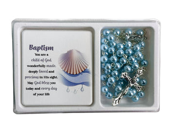 Baptism Blue Rosary & Standing Plaque