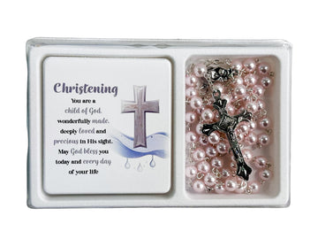 Christening Pink Rosary & Standing Plaque