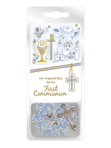 Crystal Communion Rosary With Prayer Card - Blue