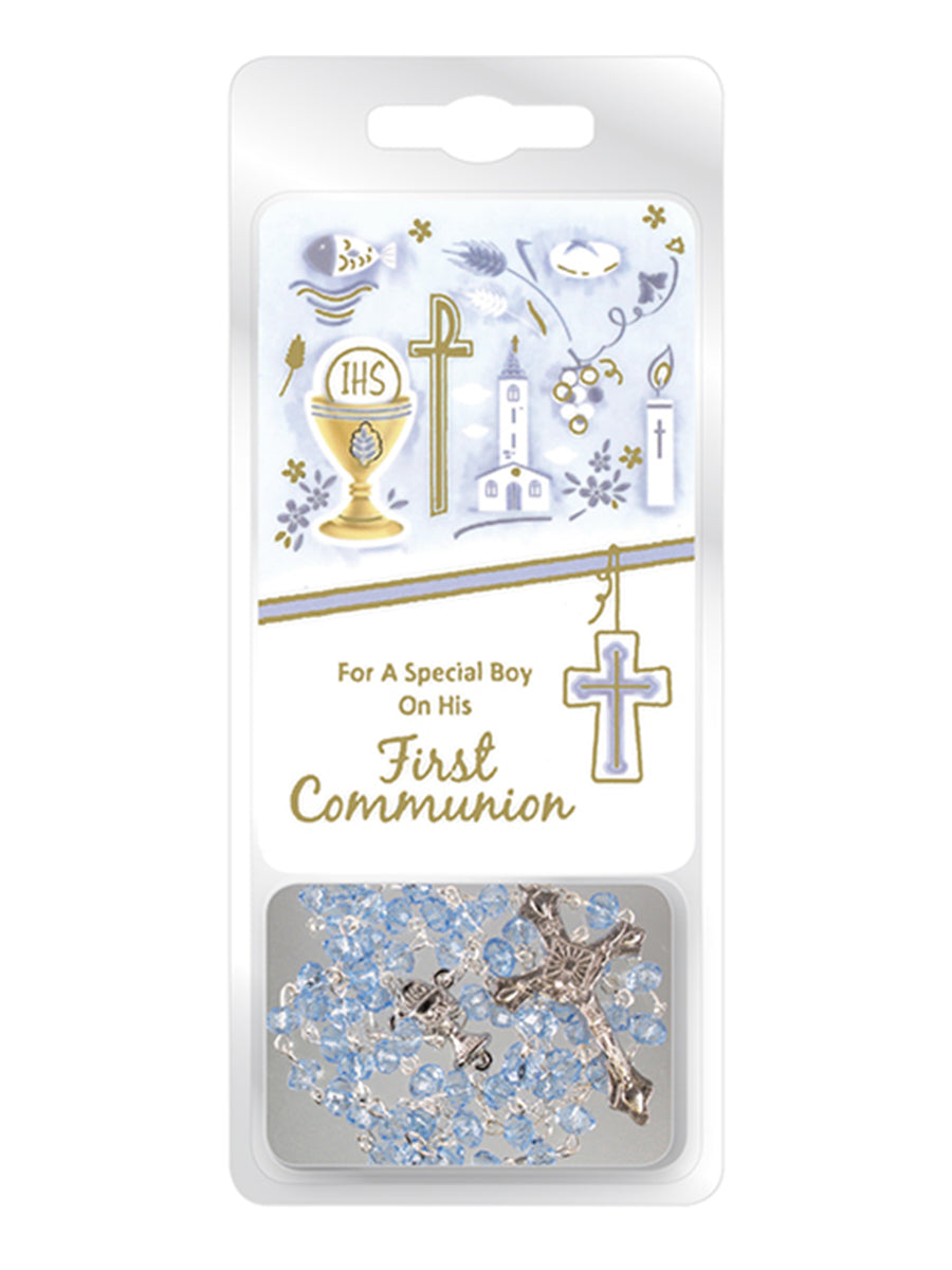 Crystal Communion Rosary With Prayer Card - Blue