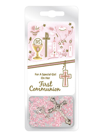 Crystal Communion Rosary With Prayer Card - Pink