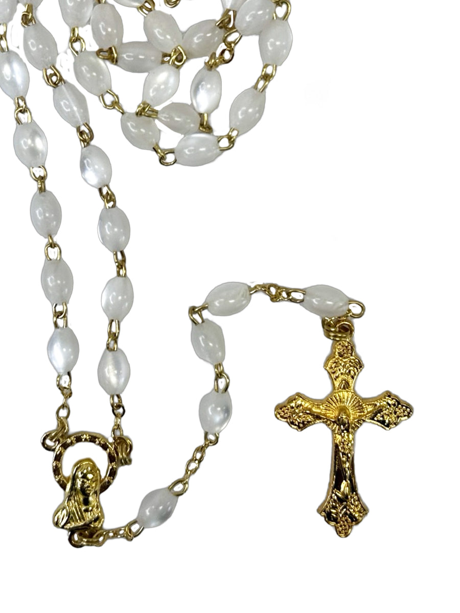 Oval Shape Imitation Mother of Pearl Rosary - White