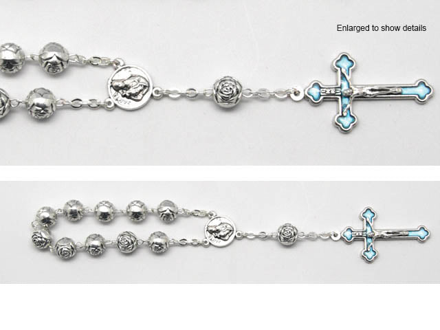 Metal Rose Bead Rosary & Blue Enamel Crucifix Bracelet - 165mm