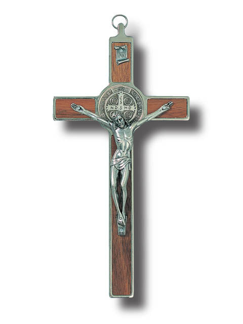 St. Benedict Metal Crucifix with Wood Inlay