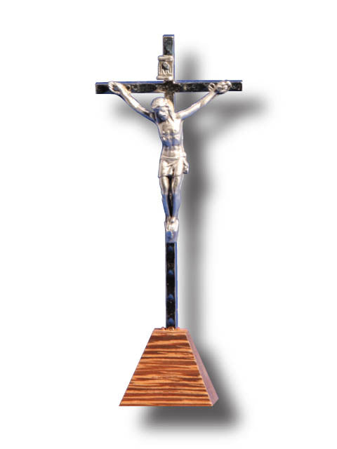 Small Standing Metal Crucifix with Wood Base