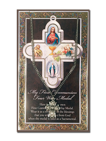 My First Communion 4 Way Cross Medal Biography Leaflet With Pendant Set