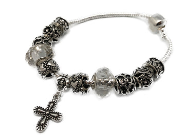 Silver Beaded Rosary Bracelet With Cross - Clear
