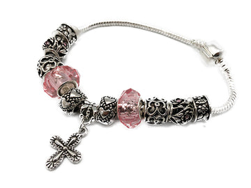 Silver Beaded Rosary Bracelet With Cross - Pink