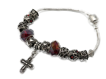 Silver Beaded Rosary Bracelet With Cross - Red