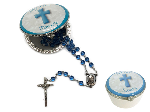 First Rosary In Porcelain Box  - Blue / Pink